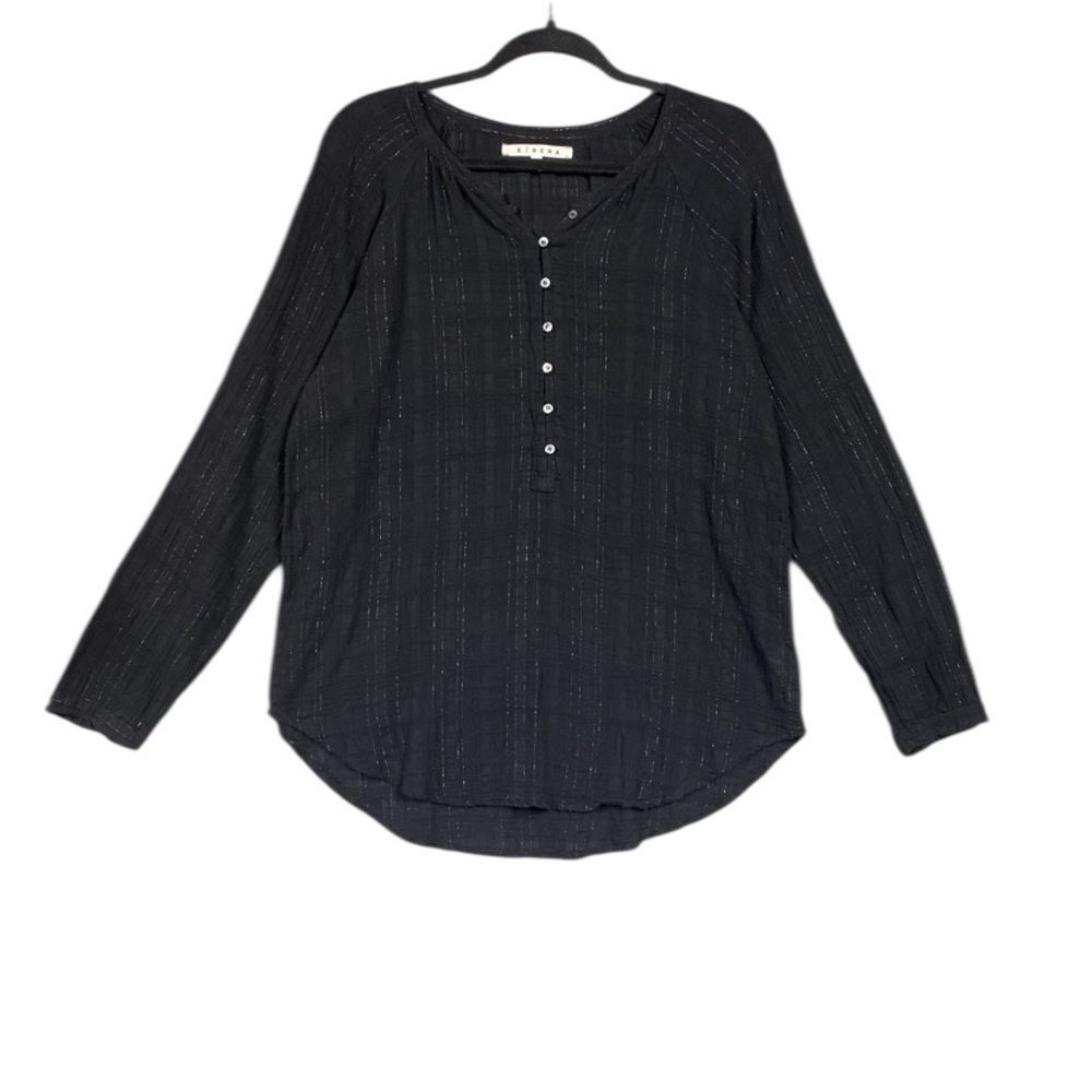 Xirena Shimmer Sheer Plaid Long Sleeve Popover Blouse Size S Black